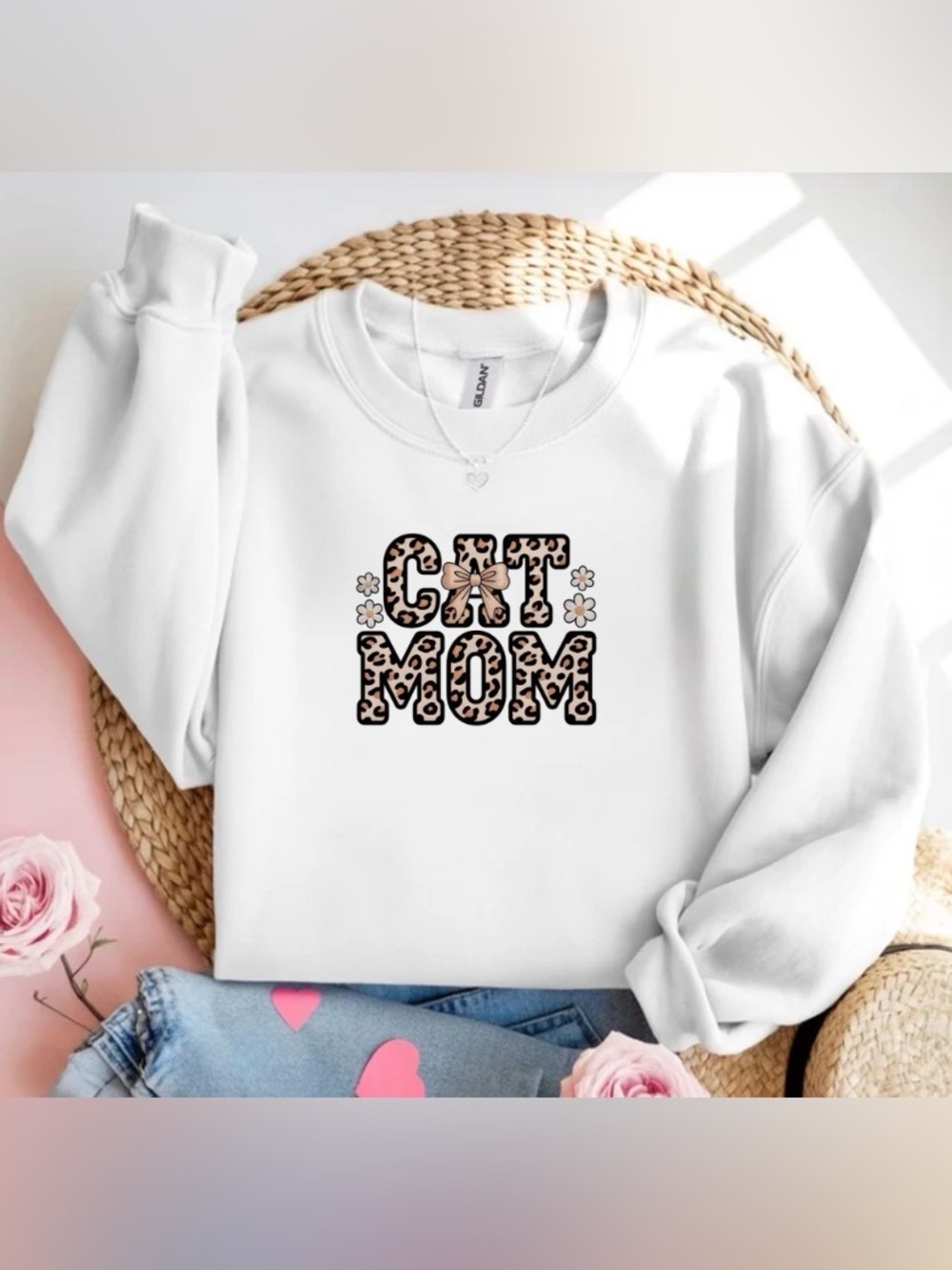 Leopard Cat Mom Bow White Crewneck Sweatshirt Animal Print Cat Mom